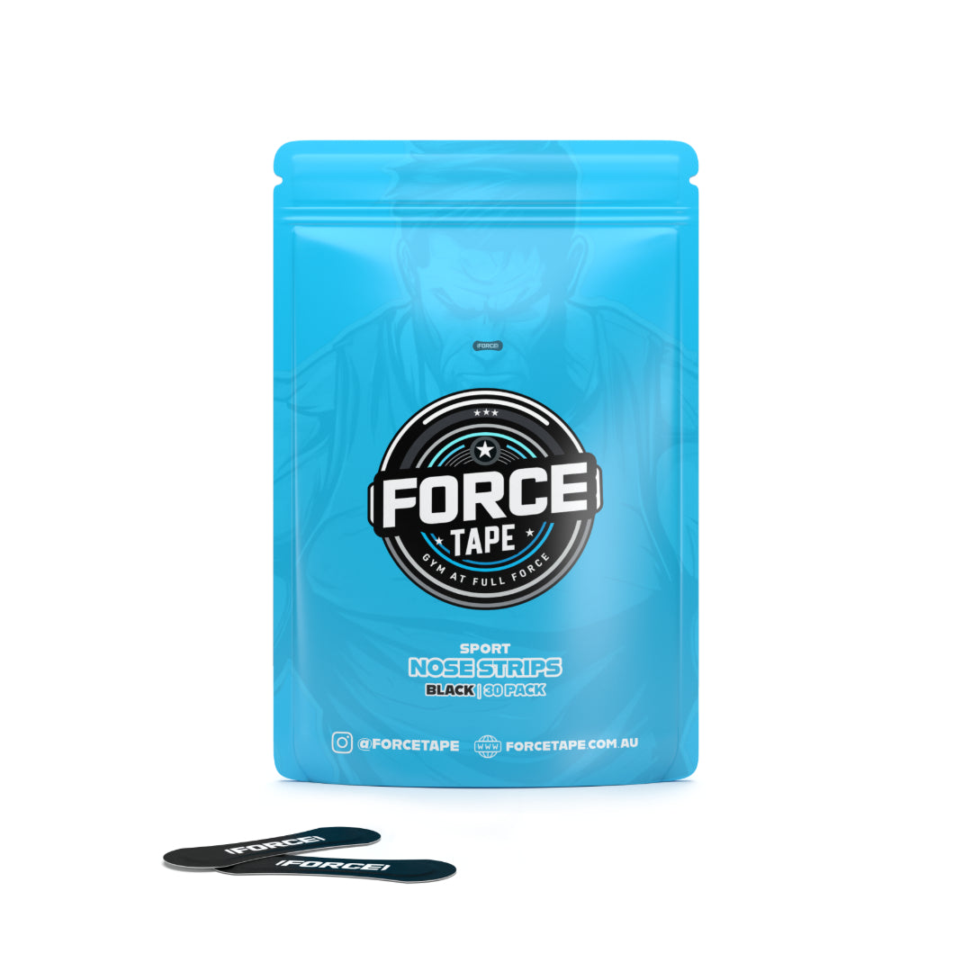 A pack of Airflow+ Nasal Strips in black color, displayed alongside a blue container with the product branding 'FORCE TAPE'.