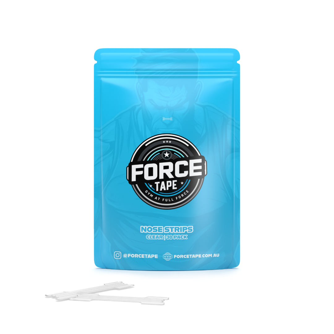 A pack of Airflow+ Nasal Strips in clear color, displayed alongside a blue container with the product branding 'FORCE TAPE'.