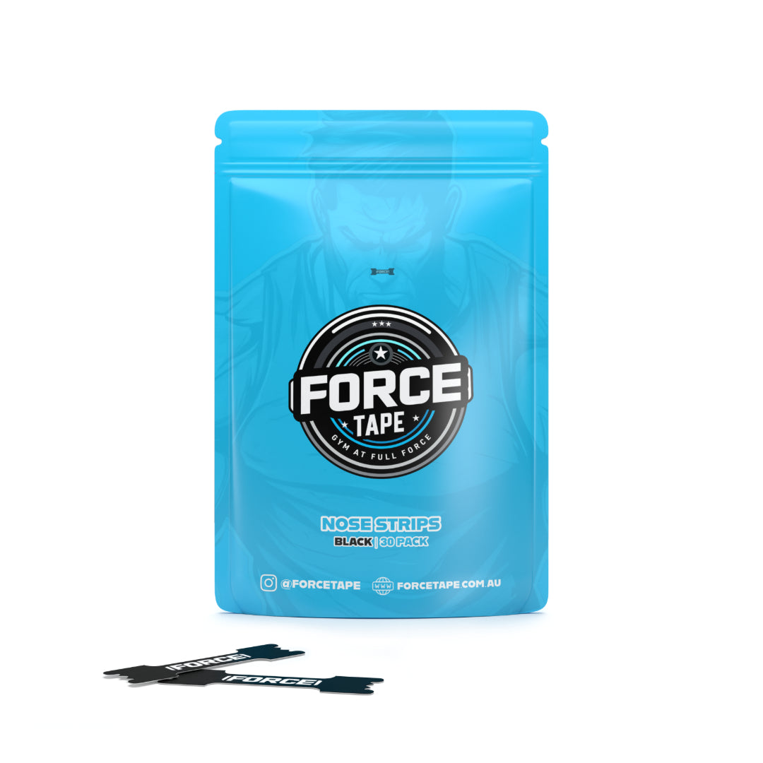 A pack of Airflow+ Nasal Strips in black color, displayed alongside a blue container with the product branding 'FORCE TAPE'.