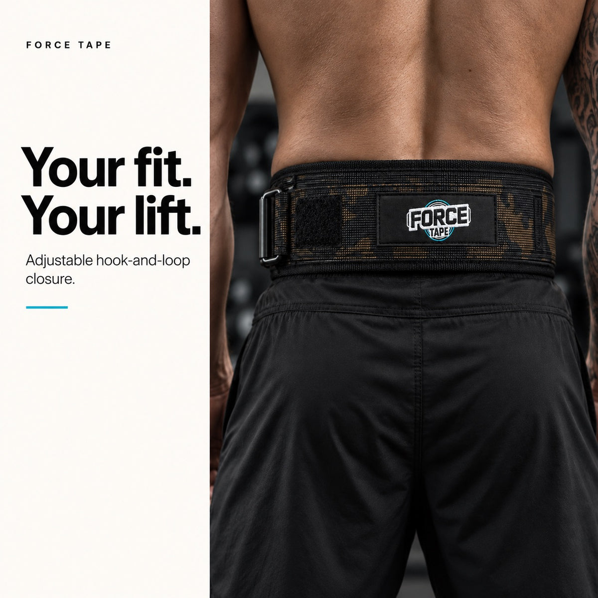 Force Tape Support+ lifting belt fit guide showing how the belt sits on the waist