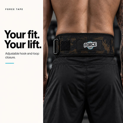 Force Tape Support+ lifting belt fit guide showing how the belt sits on the waist
