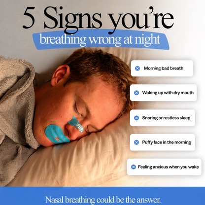 '5 Signs you're breathing wrong at night' showing a sleeping person with blue nasal breathing tape, plus a list of breathing issues and benefit icons on a blue and white layout.