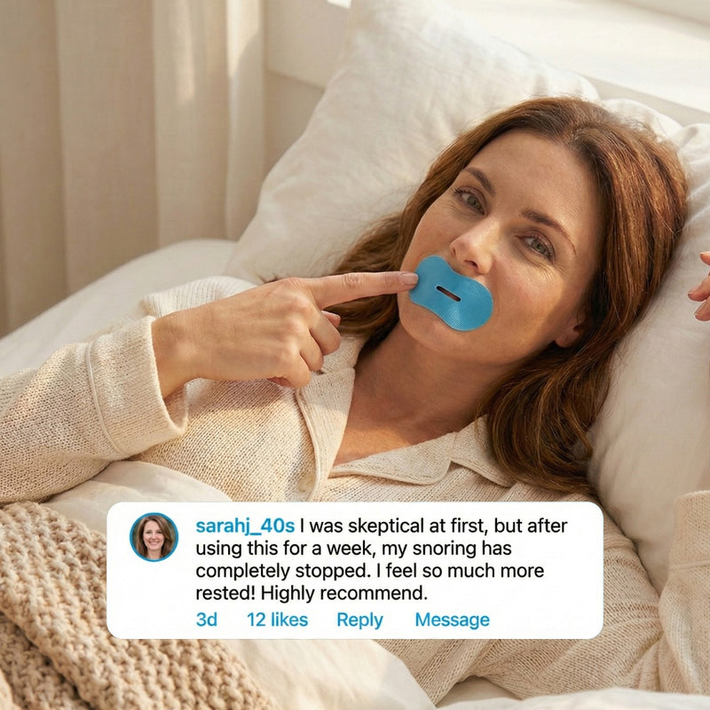 Woman lying in bed with force tape collagen mouth tape over her mouth for better sleep