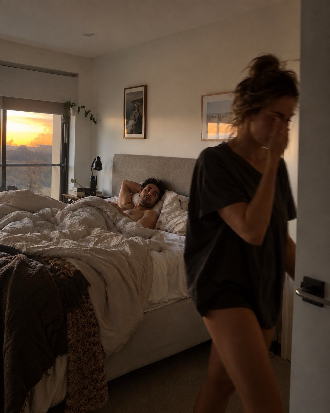 At dawn she walks out of the bedroom, hand over her face, while he lies in bed watching.