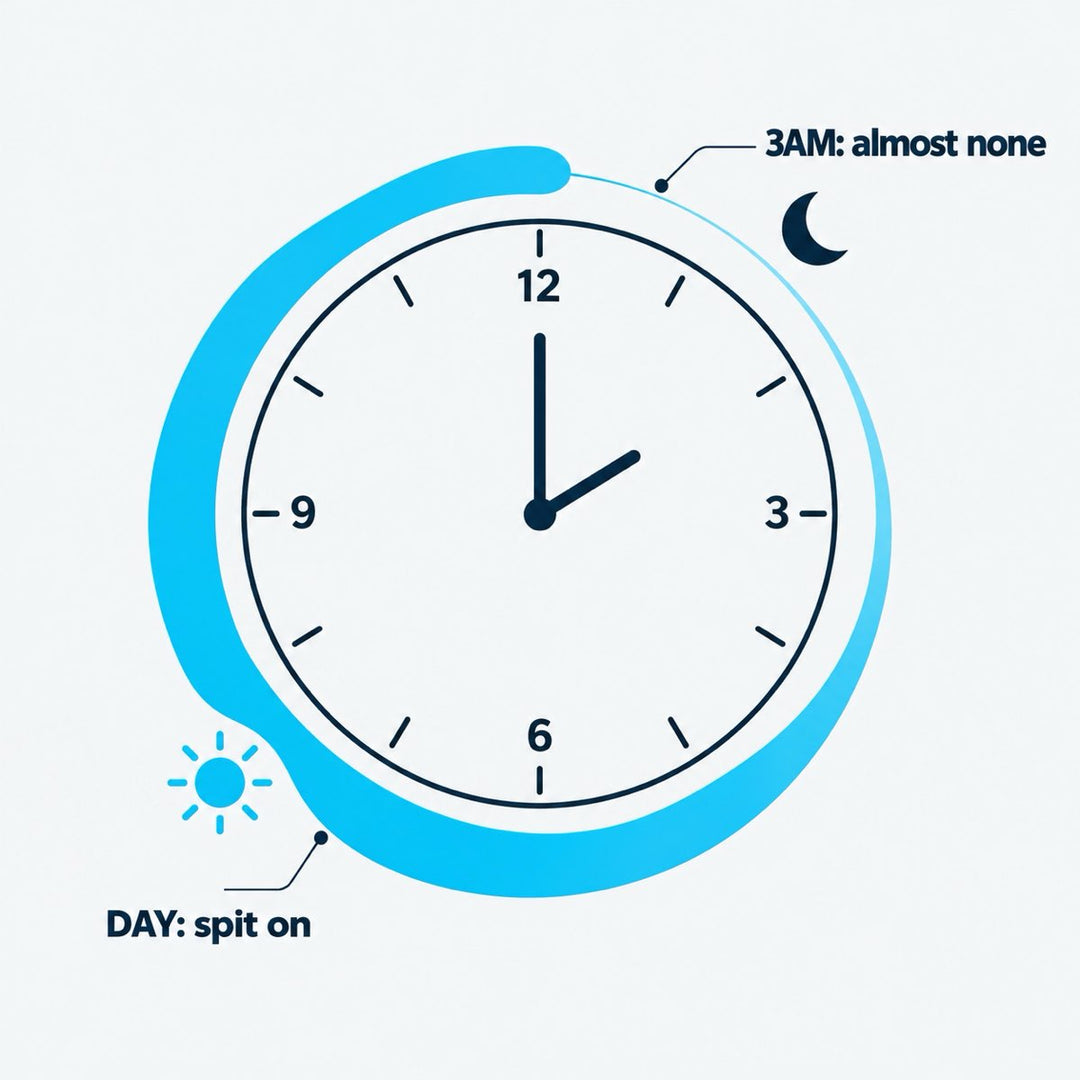 Drawing of a 24-hour clock: spit flows by day and nearly stops at night.