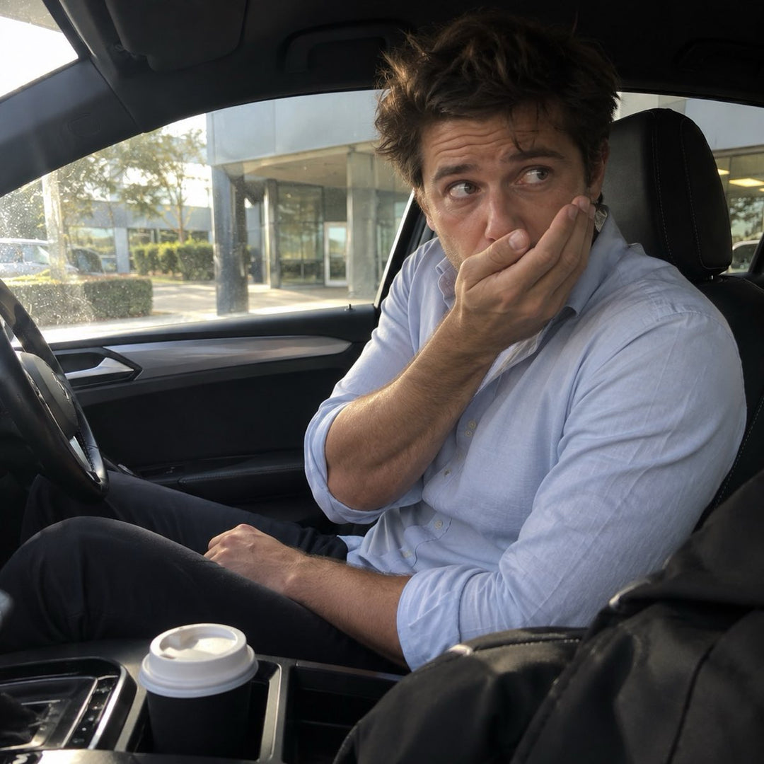 A man sits in his car outside work, breathing into his cupped hand to check his breath.
