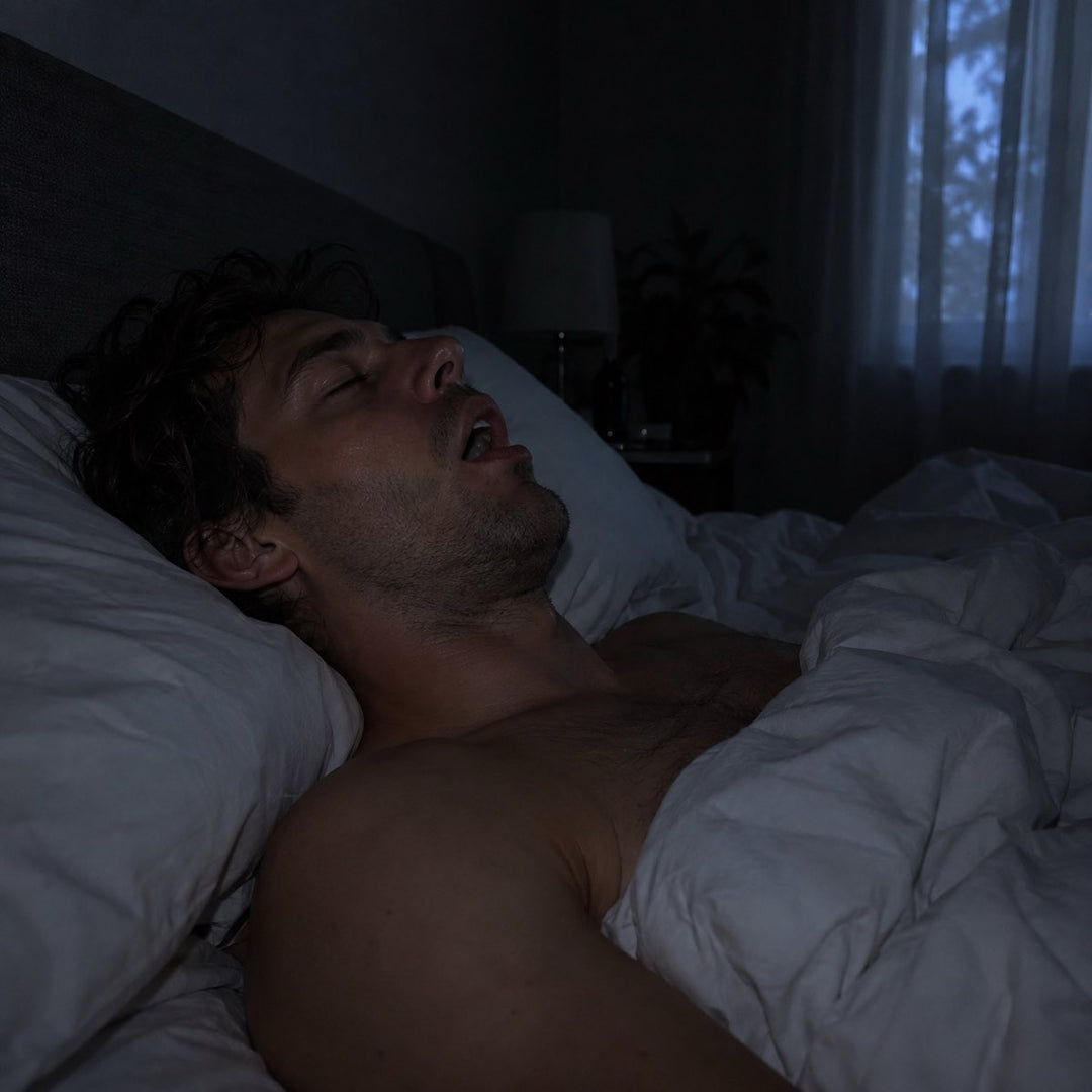 A man asleep on his back in a dark bedroom, head tilted back, mouth hanging open.