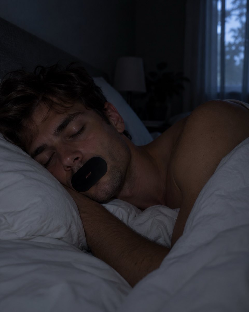 A man asleep on his side in a dark bedroom, lips together under a strip of Recovery+ mouth tape.