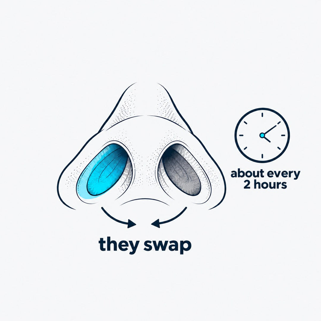 Drawing of two nostrils, one shaded, beside a small clock.