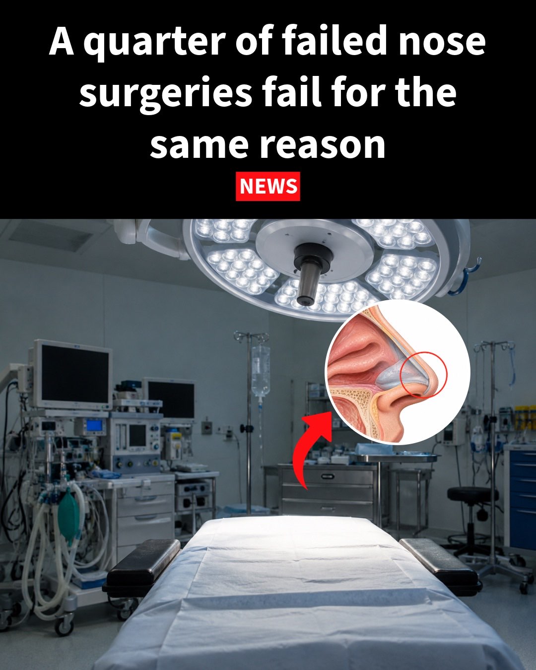 News-style picture: a quarter of failed nose surgeries fail for the same reason.